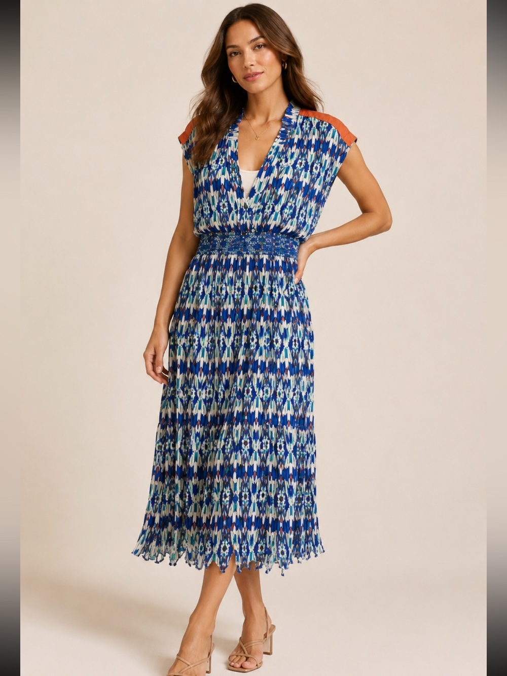 Plenty- Tracy Reese boho print Midi Dress w/ elastic waist and tassel tie. S